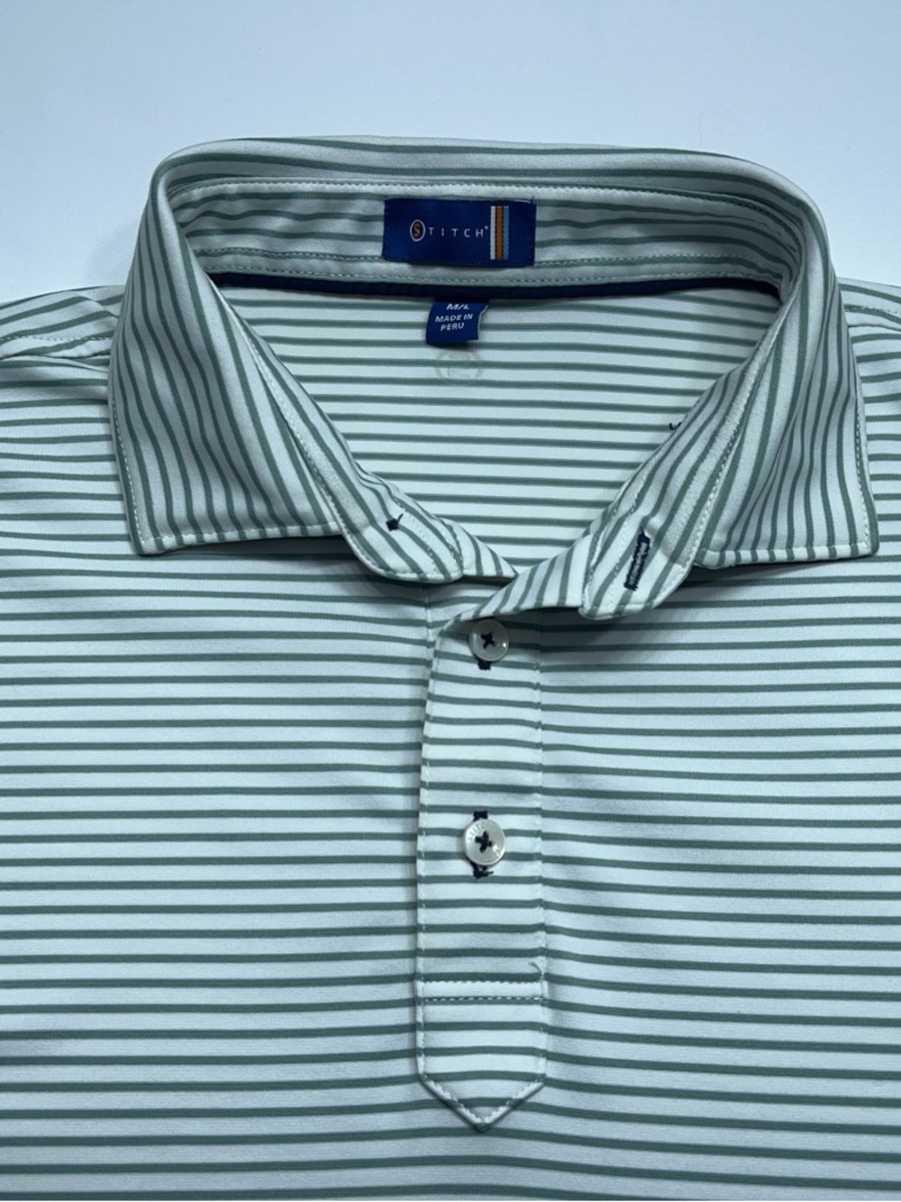 Stitch Golf Polo Shirt Mens Size Medium Performance Green Striped Stretch